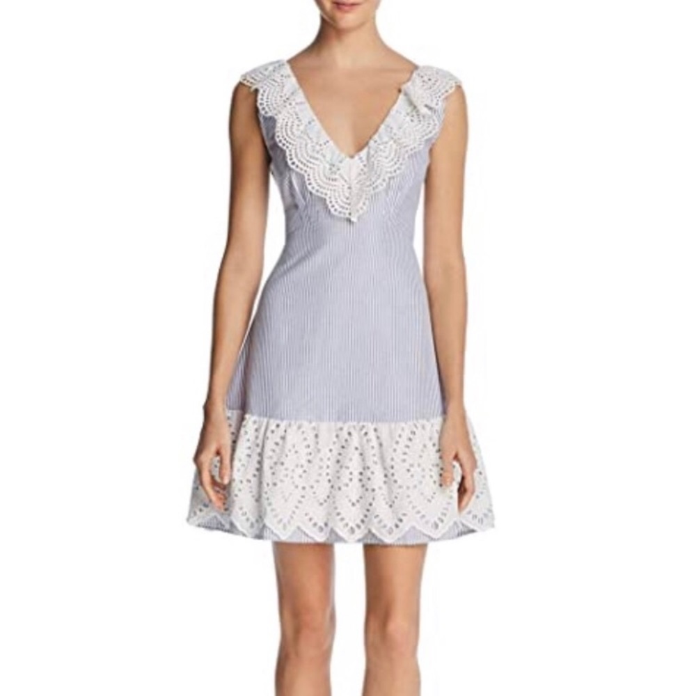Luci Paris Fit and Flair striped dress with lace trim, small.